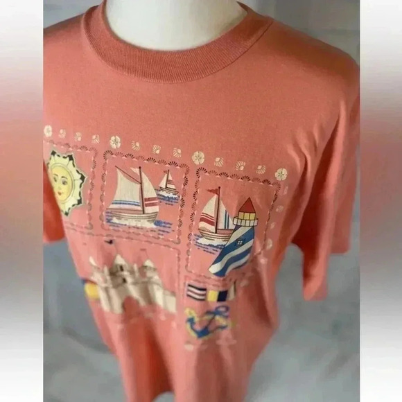Endless Summer Beach Vintage 90’s T Shirt Sandcastle Sun Sailboat Peach size L - Picture 4 of 12